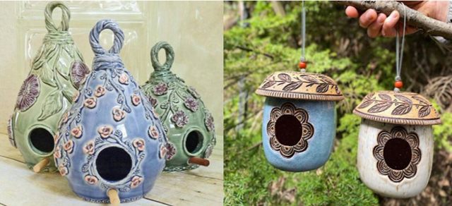 Round hanging “bubble” birdhouses in clay, decorated with appliques and underglazes