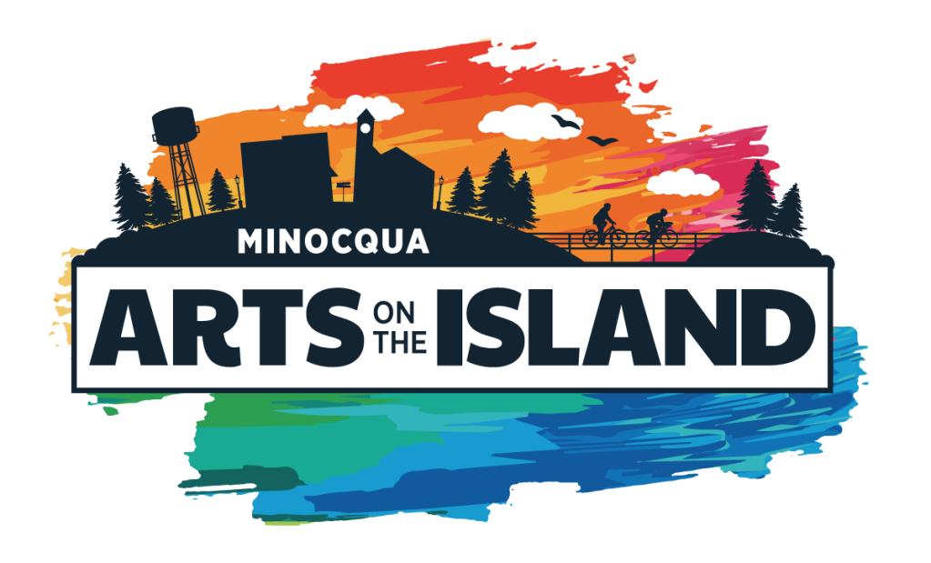 Logo for 'Arts on the Island' featuring vibrant colors, trees, a water tower, and a cyclist against a sunset background.